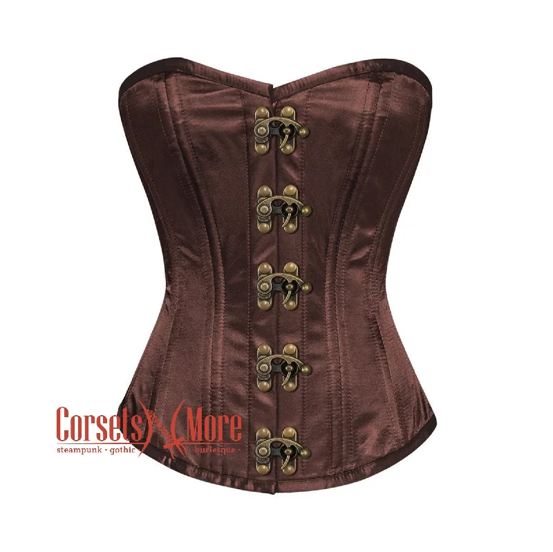 corset for gothic waves-Plus Size Brown Satin Double Bone Burlesque Overbust Bustier Waist Training Corset