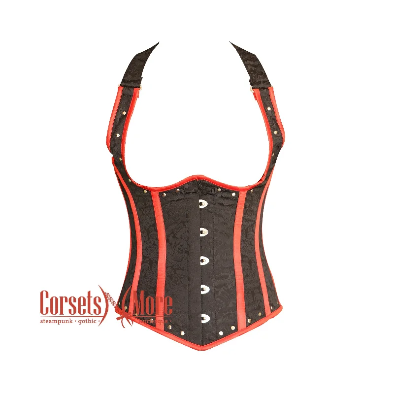 corset for dance folds-Plus Size Black Brocade Red Stripe Halter Neck Gothic Underbust Waist Cincher Corset