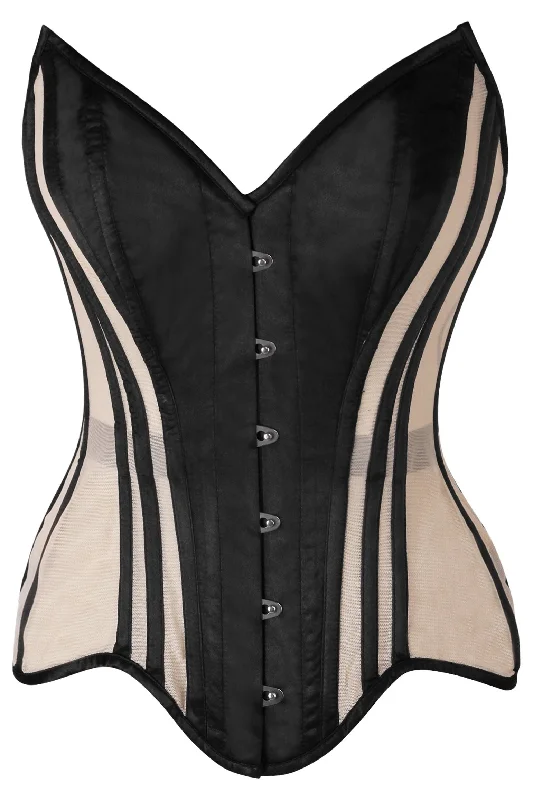 luxurious lace and satin lingerie set-Top Drawer Nude Mesh & Black Satin Steel Boned Overbust Corset