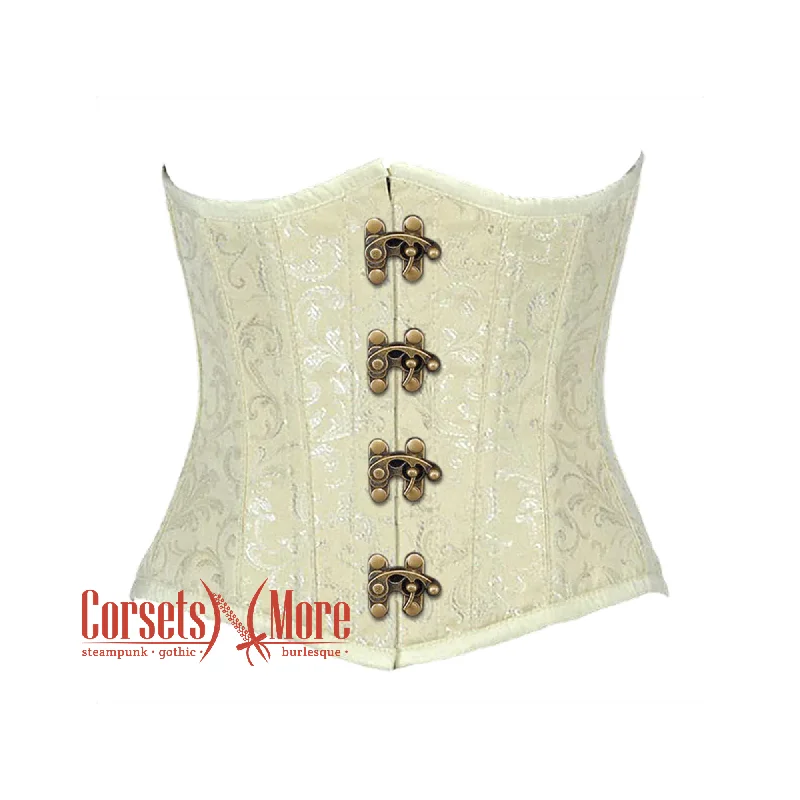 corset for vintage gathers-Plus Size Ivory Brocade Antique Clasps Gothic Burlesque Waist Training Underbust Corset Bustier Top