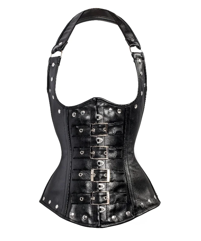 corset with floral tiers-Gilmor Black Leather Look PU Underbust With Halter Strap