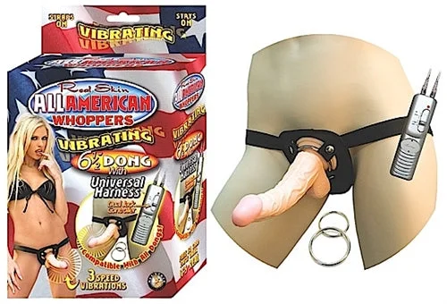 Lubricated Masturbator Insert-All American Whoppersvibrating 6.5-Inch Dong With Universasl Harness - Flesh