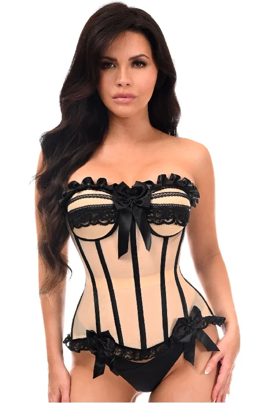 erotic lingerie for women-Top Drawer Steel Boned Nude & Black Mesh Underwire Bustier Corset