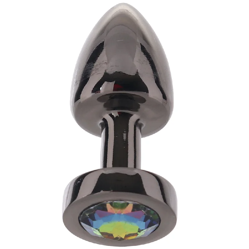 Rechargeable Masturbator Device-Rear Assets Petite Rainbow Gem Plug in Gunmetal