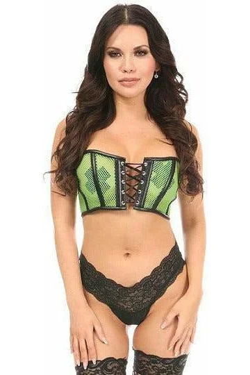 romantic lace lingerie-Lavish Neon Green Fishnet & Faux Leather Lace-Up Short Bustier Top