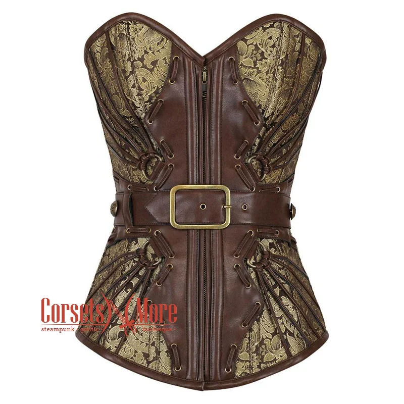 corset with sheer swirls-Plus Size Brown And Golden Brocade Leather Belt Steampunk Waist Training Overbust Corset Bustier Top