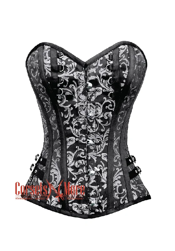 corset for costume cascades-Plus Size Black and Silver Brocade Steampunk Overbust Gothic Costume Corset