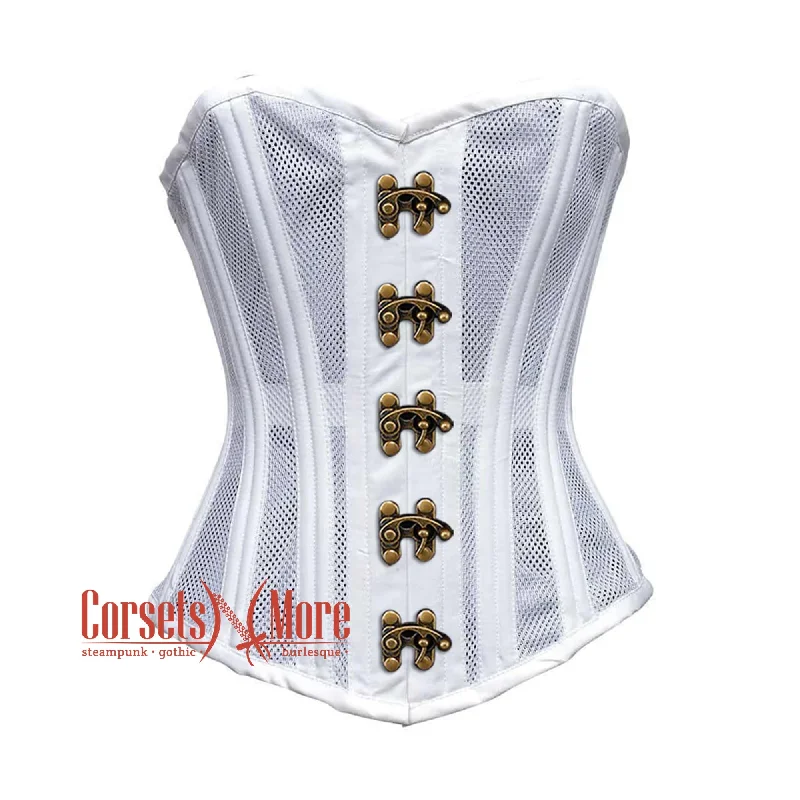 corset with layered swirls-Plus Size White Satin With Mesh Front Seal Lock Double Bone Burlesque Gothic Overbust Corset Bustier Top