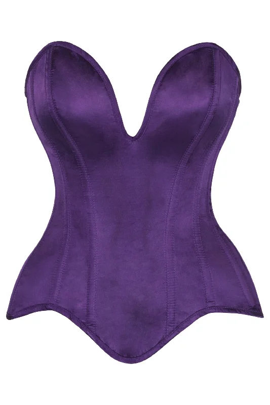 silky satin and lace lingerie-Top Drawer Steel Boned Plum Satin Plunge Neckline Overbust Corset