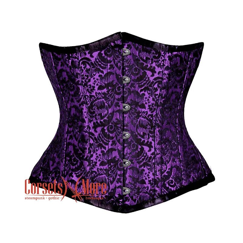 corset with floral waves-Plus Size Purple And Black Brocade Front Busk Steampunk Gothic Waist Training Underbust Corset Bustier Top