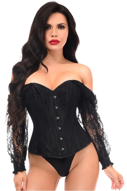 seductive lace lingerie with silk ribbons-Top Drawer Black w/Black Lace Steel Boned Long Sleeve Corset