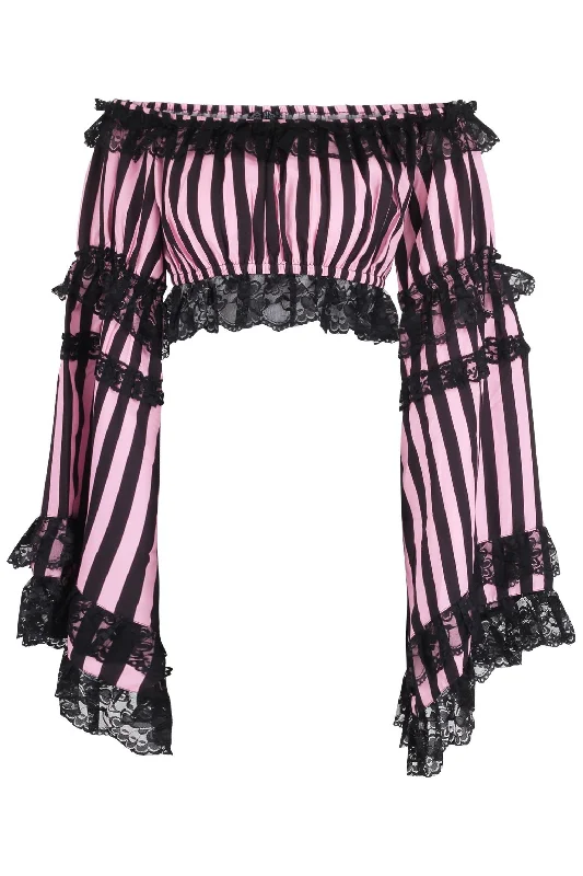 seductive lace and satin sleepwear-Black/Pink Striped Smocked Flare Sleeve Peasant Top