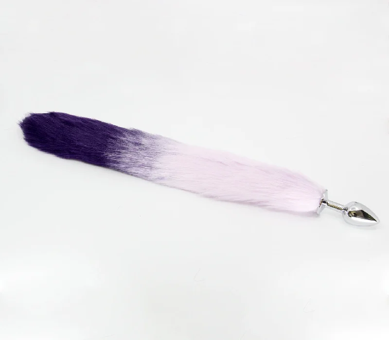 Compact Masturbator Solution-Love in Leather Deluxe Aluminium Small Butt Plug with Lilac and Purple Faux Fur Fox Tail