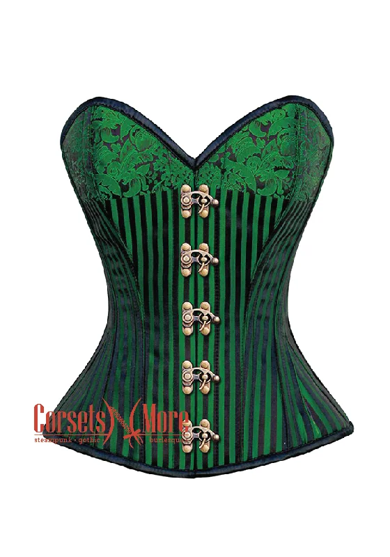 corset with lace flows-Plus Size Green And Black Brocade Antique Clasps Steampunk Overbust Costume Corset