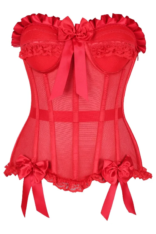 satin sleepwear lingerie-Top Drawer Steel Boned Red Mesh Underwire Bustier Corset