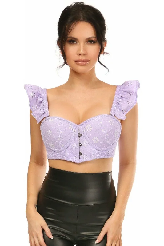 sexy lingerie with lace side panels-Lavish Lavender Eyelet Underwire Bustier Top w/Removable Ruffle Sleeves