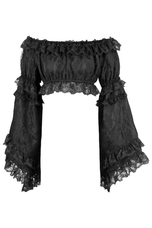 black satin corset lingerie-Black Lace Smocked Flare Sleeve Peasant Top