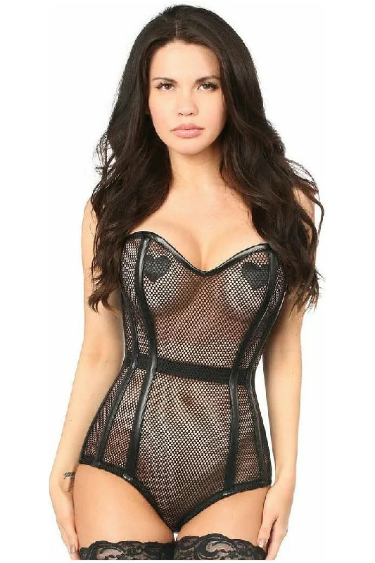 elegant lingerie with lace and satin-Top Drawer Steel Boned Fishnet Corseted Bodysuit