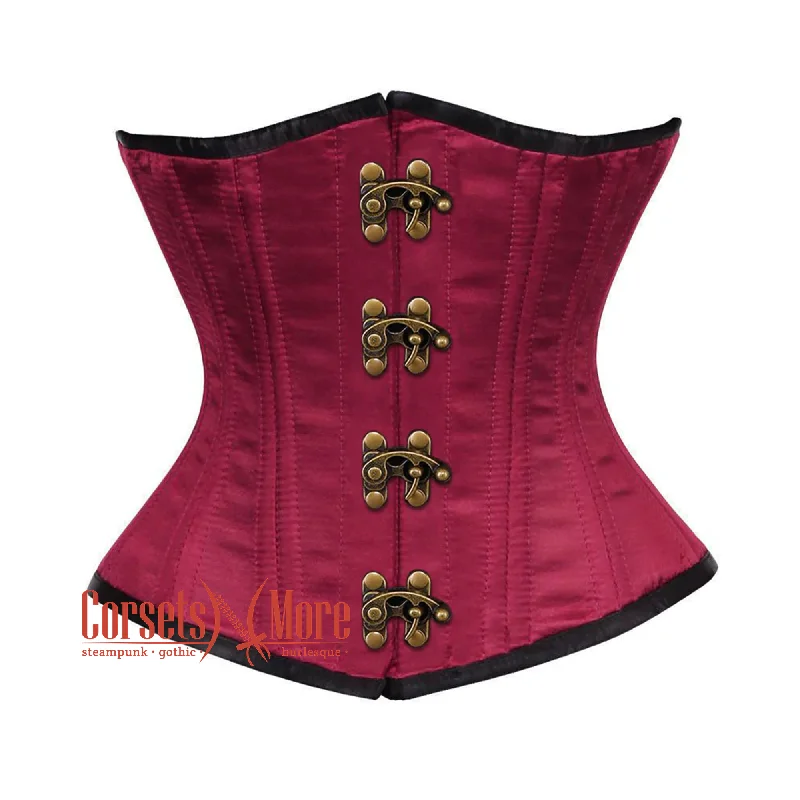 corset with lace flows-Plus Size Maroon Satin Double Bone Front Antique Clasps Gothic Waist Training Underbust Corset Bustier Top