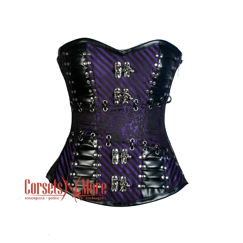 corset for evening folds-Plus Size Purple And Black Brocade Leather Steampunk  Waist Training Overbust Corset Bustier Top