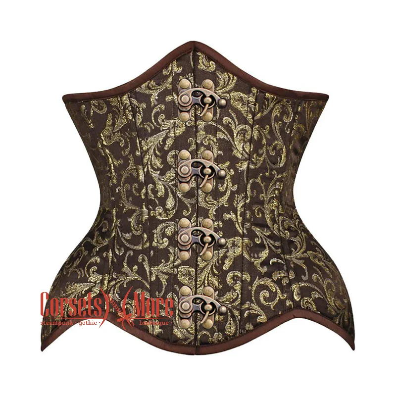 corset with floral folds-Plus Size Brown And Golden Brocade Front Clasps Double Bone Steampunk Gothic Waist Training Underbust Corset