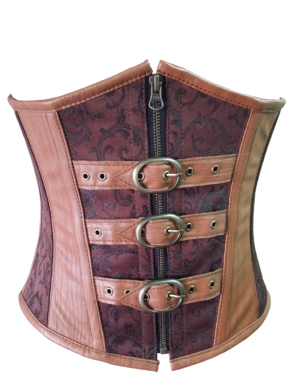 corset with halter cascades-Plus Size Brown Brocade & Leather Gothic Steampunk Waist Training Bustier Underbust Corset Costume