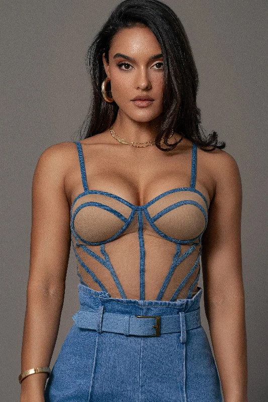 corset with side levels-Tan Denim Illusion Mesh Bustier