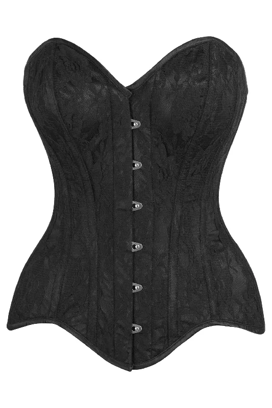 bridal lingerie for wedding night-Top Drawer Black Satin w/Black Lace Overlay Steel Boned Overbust Corset