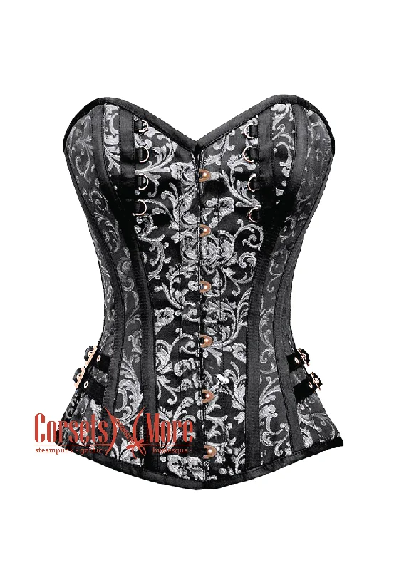 corset for club cascades-Plus Size Black and Silver Brocade Steampunk Overbust Gothic Costume Corset