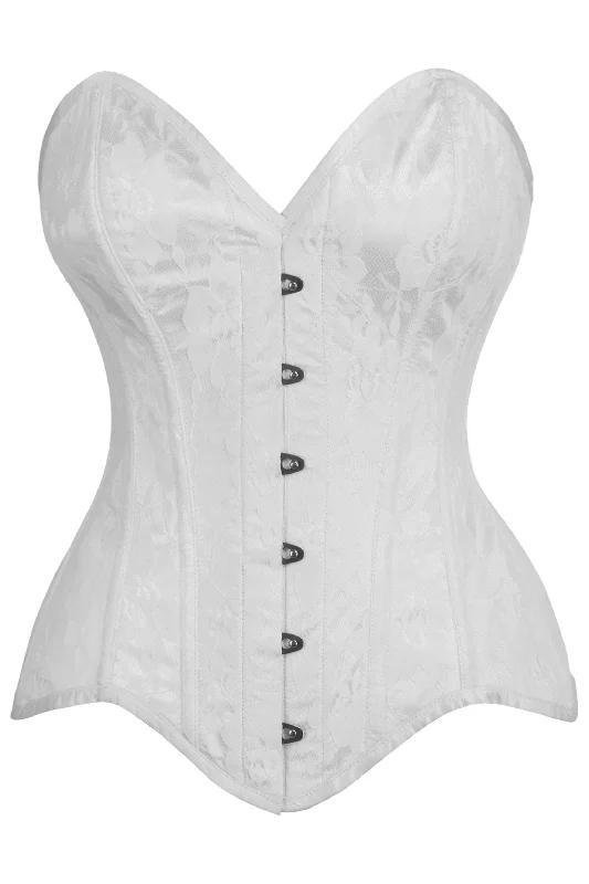 sexy lingerie with lace accents-Top Drawer White Satin w/White Lace Overlay Steel Boned Overbust Corset