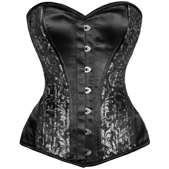 corset with velvet flows-Maschareno Black Silver Steel Bone Overbust Corset