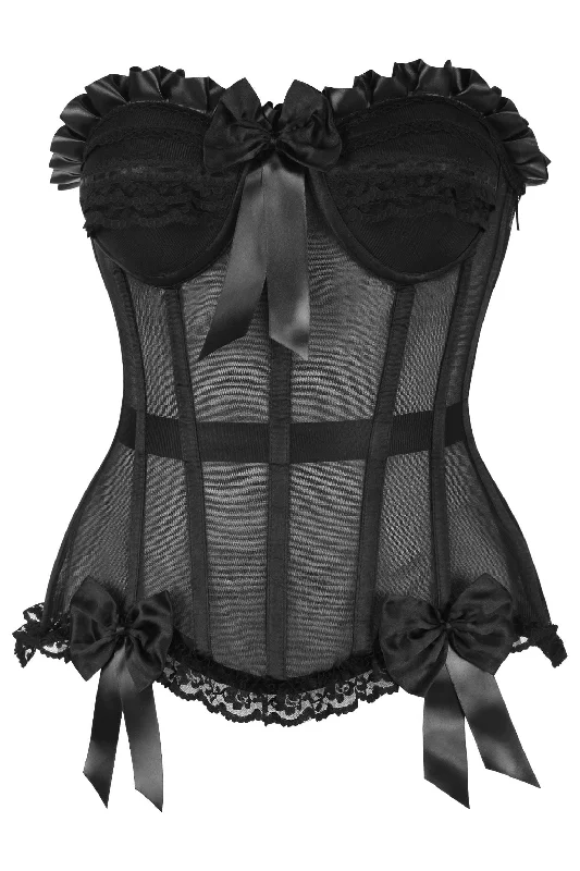 satin nightwear with lace accents-Top Drawer Steel Boned Black Mesh Underwire Bustier Corset