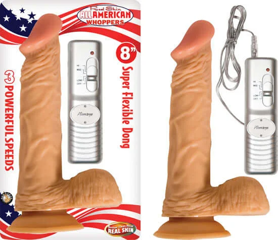 Silent Masturbator Case-All American Whopper with Balls Vibrating 8 inches Beige Dong