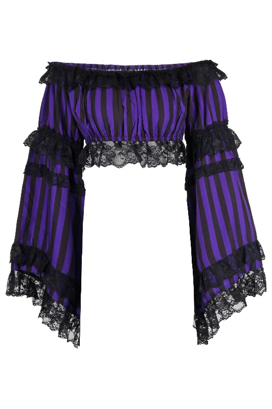 playful lingerie with bows-Black/Purple Striped Smocked Flare Sleeve Peasant Top