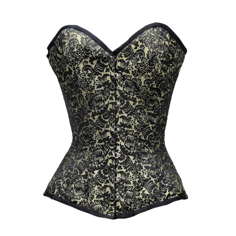 corset with ruffled swirls-Johanne Black Gold Brocade Overbust Corset