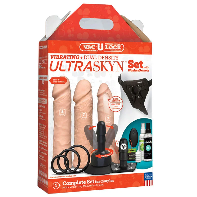 vibrating dildo for deep penetration and maximum pleasure-Vac-U-Lock Vibrating Ultraskyn Couples Set with Remote - Beige