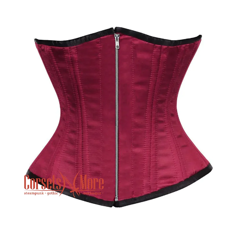 corset for alternative cascades-Plus Size Maroon Satin Double Bone Front Zipper Gothic Waist Training Underbust Corset Bustier Top