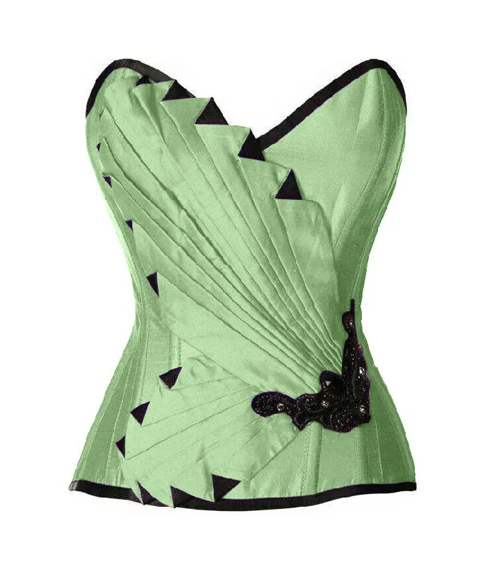 corset with satin folds-Pearson Peach Green Satin/Taffeta Embroidered Overbust Corset