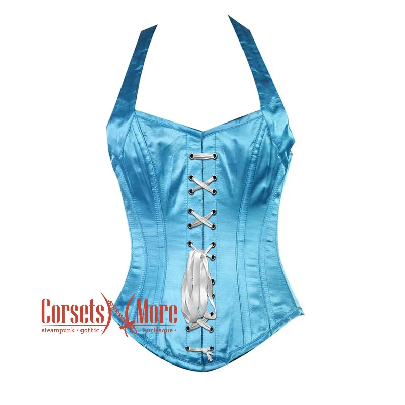 corset with bold levels-Plus Size Baby Blue Satin With Shoulder Strap Burlesque Overbust Corset Bustier Top