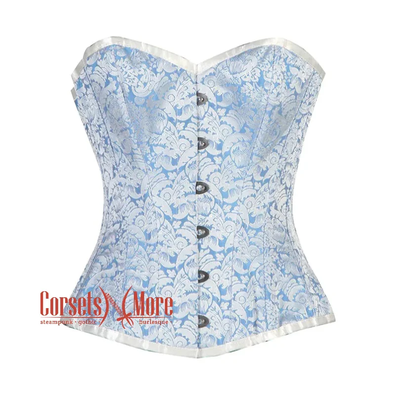 corset with floral levels-Plus Size Blue And White Brocade Burlesque Gothic Overbust Corset Bustier Top