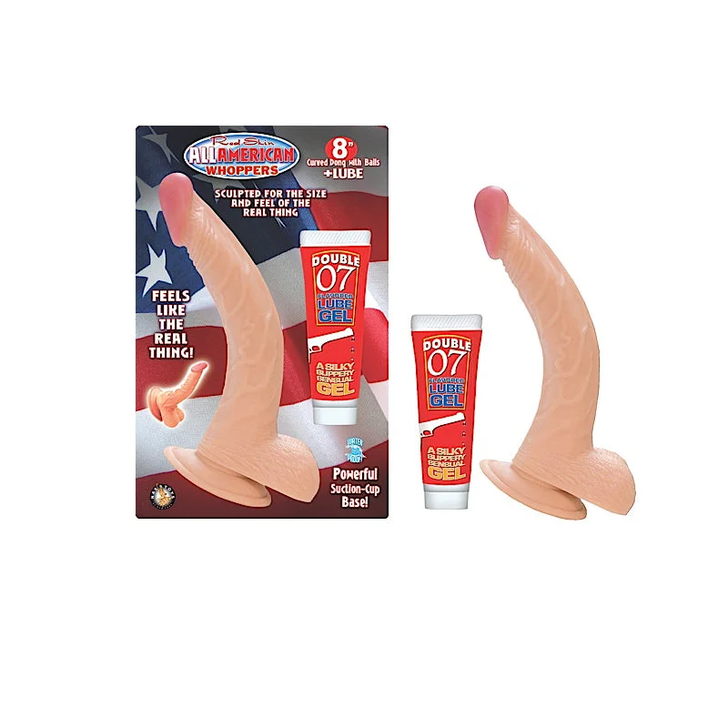 Tight-Grip Masturbator-All American Whoppers 8 in. Curved Dong with Balls + Lube