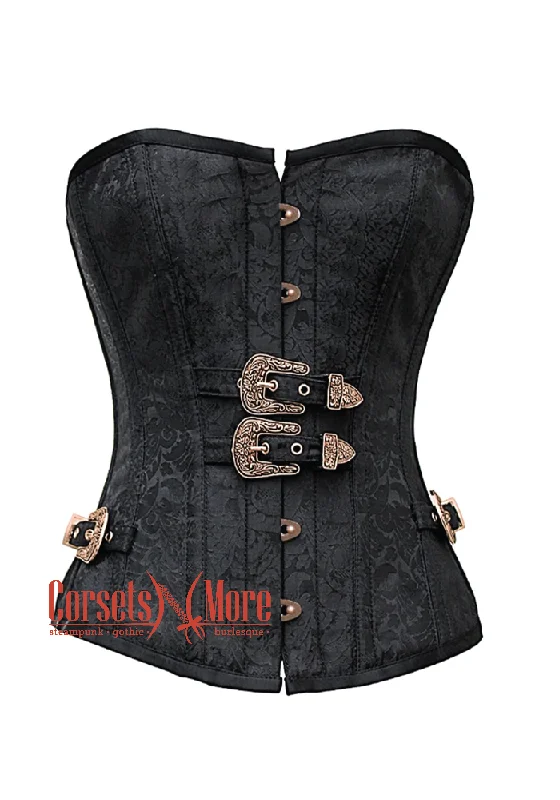 corset with metallic levels-Plus Size Black Brocade Antique Buckles Clasps Gothic Costume Waist Training Bustier Overbust Corset Top