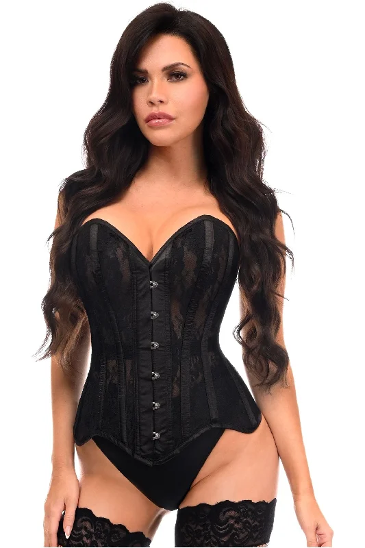 seductive satin lingerie for couples-Top Drawer Black Sheer Mesh Net & Lace Steel Boned Overbust Corset