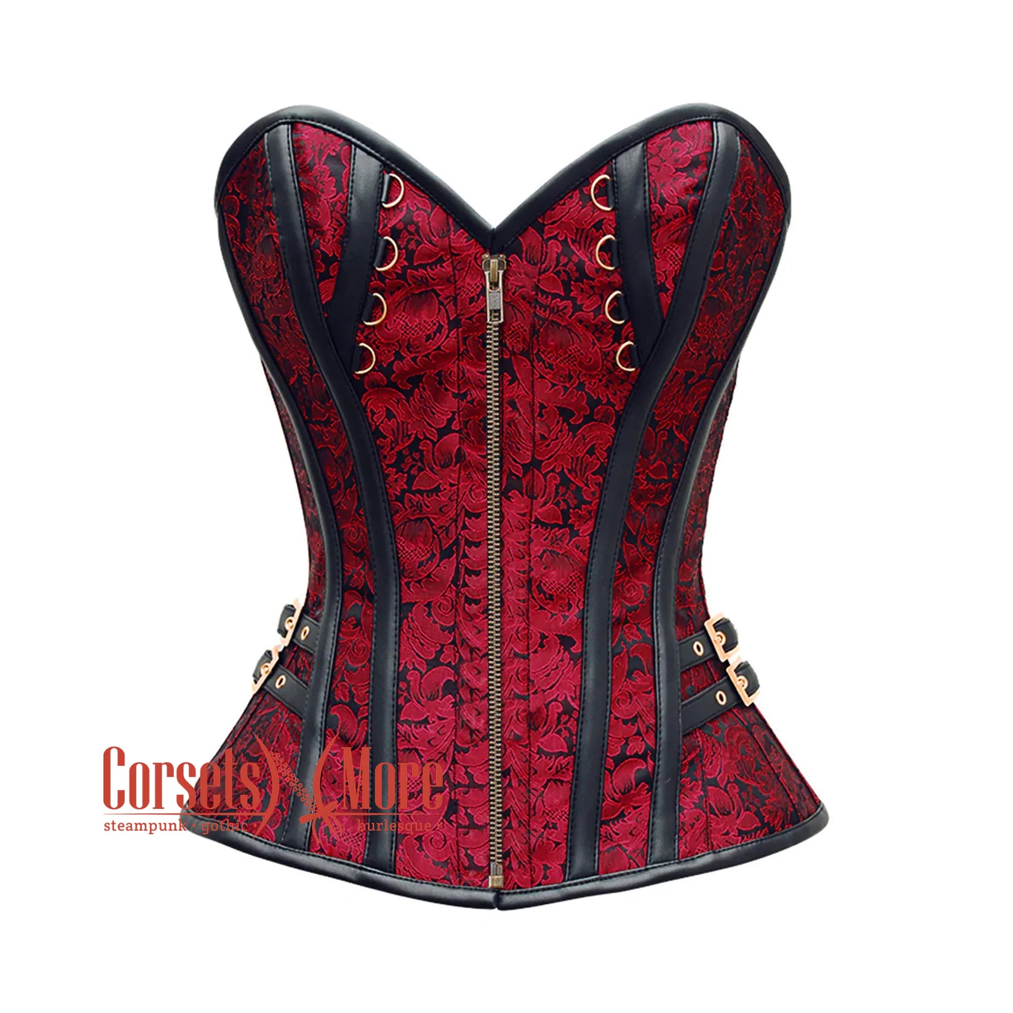 corset with velvet gathers-Plus Size Red And Black Brocade Front Zipper Steampunk Costume Gothic Corset Overbust Top