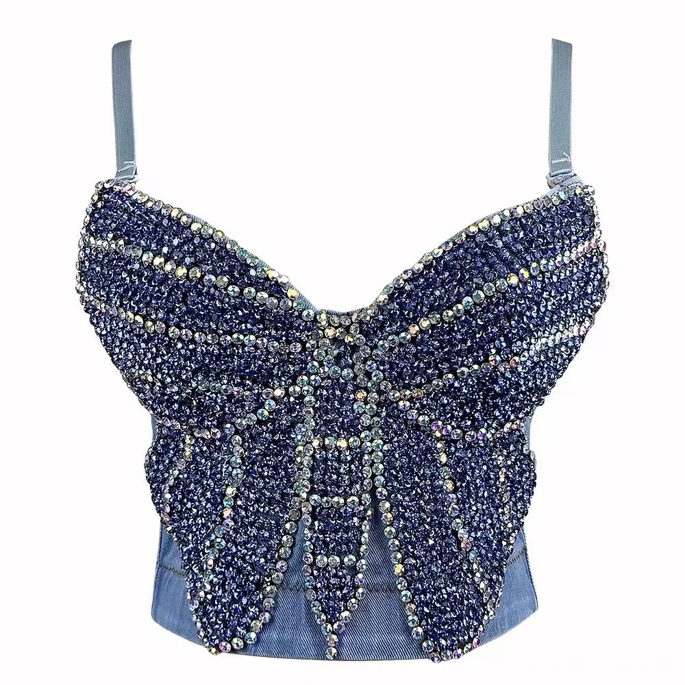 sexy lingerie with satin ribbon ties-Butterfly Denim Beaded Top