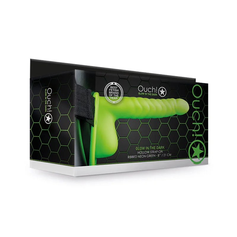 silicone cock ring for better control during sex-Ouch! Glow in the Dark 8 in. Ribbed Hollow Strap-On With Balls Neon Green