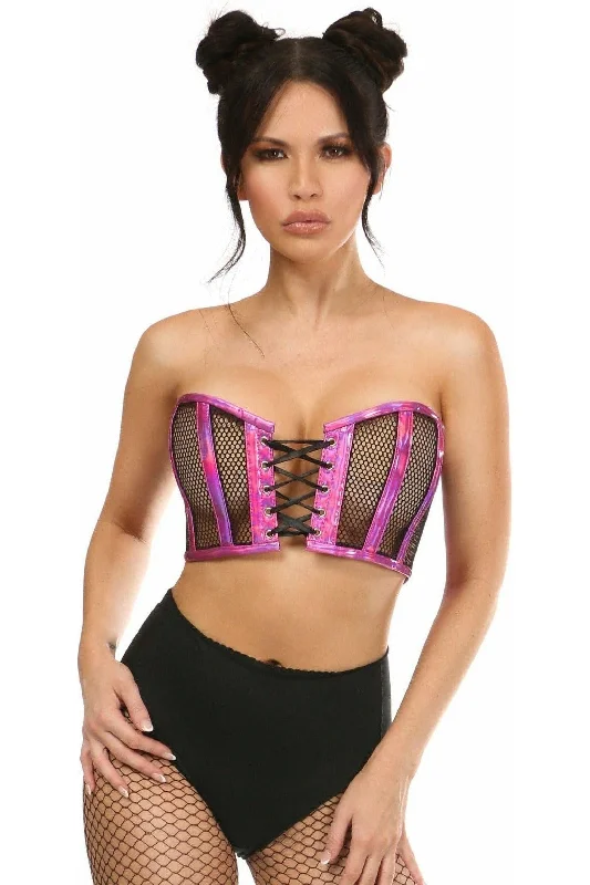 satin lingerie nightwear-Lavish Fuchsia Holo & Fishnet Lace-Up Short Bustier Top