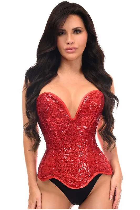 black lingerie for special occasions-Top Drawer Steel Boned Red Sequin Plunge Neckline Overbust Corset