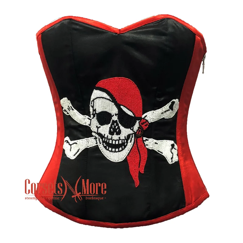 corset for gothic swirls-Plus Size Red and Black Satin Pirate Sequins Work Costume Bustier Steampunk Waist Cincher Overbust Top