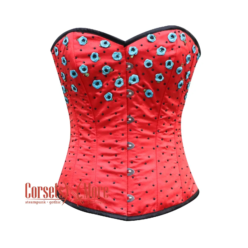 corset with leather cascades-Plus Size Red Satin Flowers And Sequins Hand Work Burlesque Gothic Costume Overbust Bustier Top